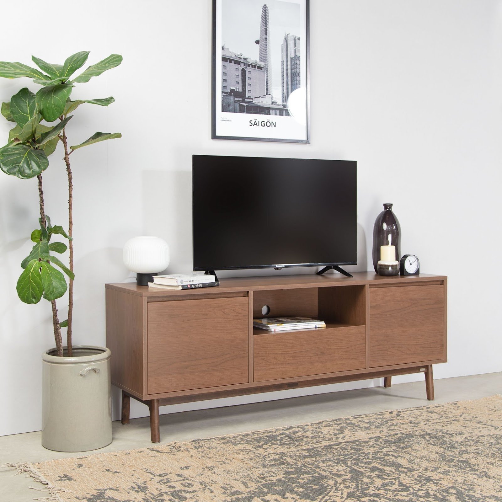 Mẫu kệ tivi đặt sàn bằng gỗ đẹp cho phòng khách