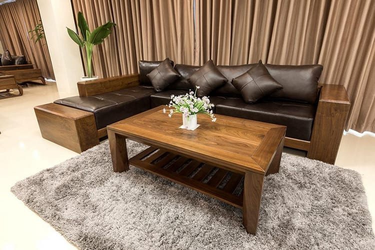 Mẫu sofa gỗ óc chó chữ L cao cấp với đệm da