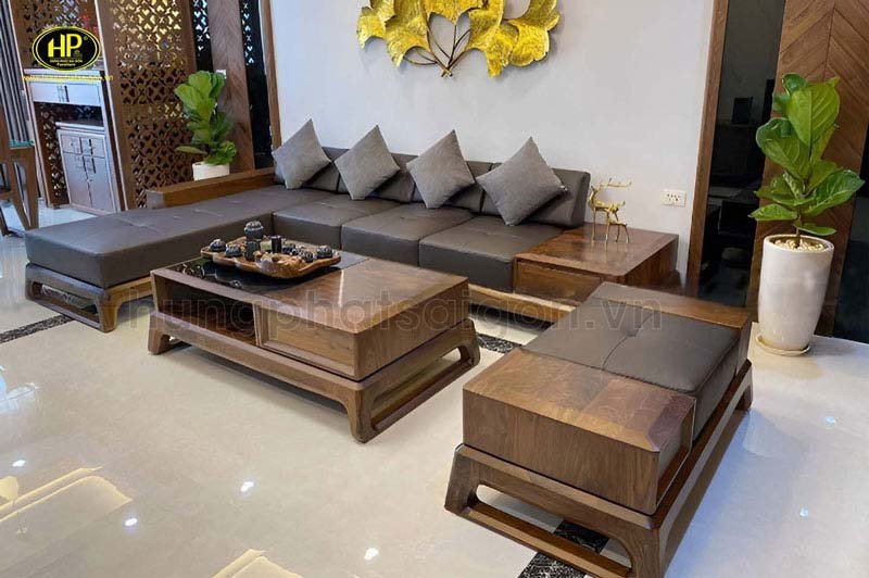 Mẫu sofa gỗ óc chó chữ L với khung gỗ tự nhiên nổi bật