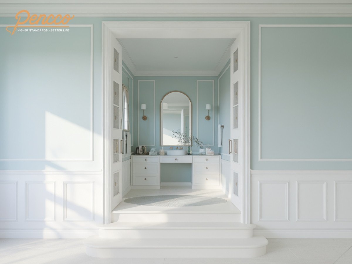 Màu trắng kết hợp với màu xanh dương nhạt tạo không gian sáng sủa, dễ chịu