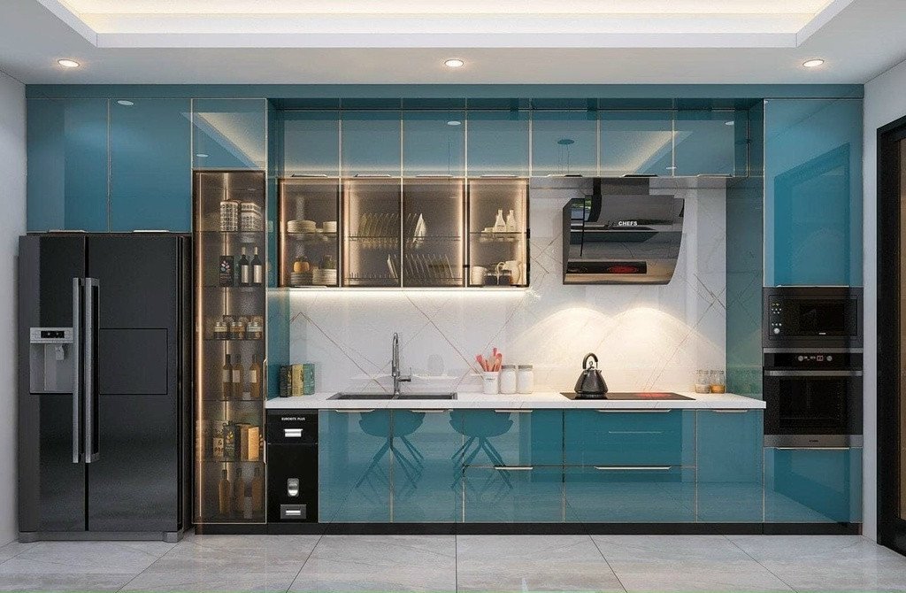 Mẫu tủ bếp nhôm kính vân gỗ sang trọng và bền bỉ