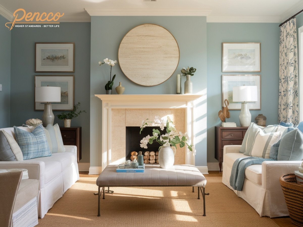 Màu xanh dương da trời kết hợp với màu be tạo không gian hài hòa, nhẹ nhàng.