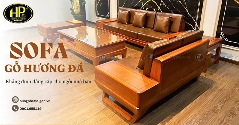Một bộ sofa gỗ hương đá sang trọng trong không gian phòng khách
