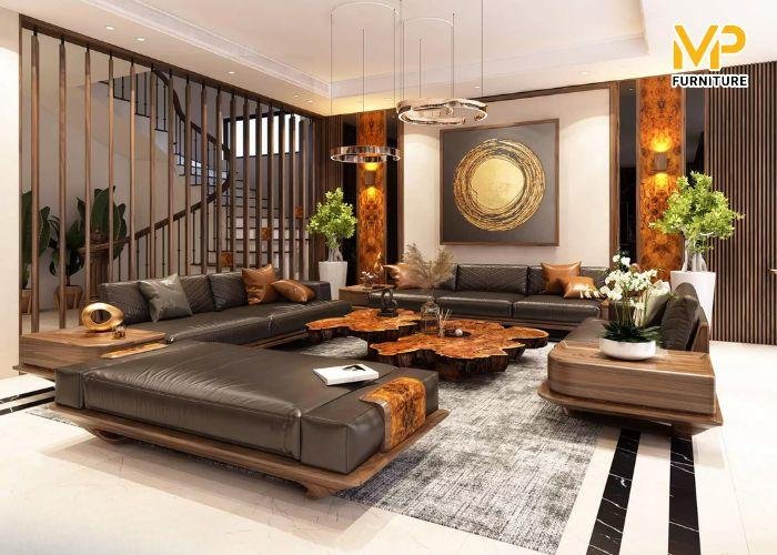 Bộ bàn ghế phòng khách làm từ gỗ nghiến nguyên khối thể hiện sự sang trọng, đẳng cấp và độ bền vượt thời gian, một ví dụ về ứng dụng của gỗ nghiến