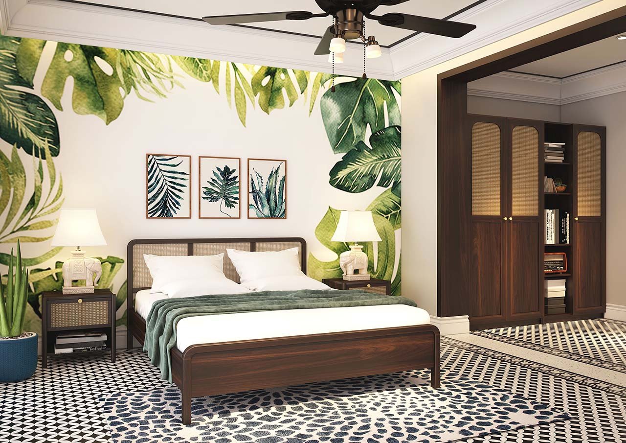 Nội thất phòng ngủ gỗ tông nâu kết hợp tường màu xanh lá