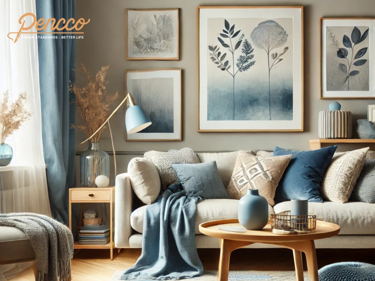 Phòng khách ấm cúng với sự kết hợp của tông màu xanh dương và các màu trung tính xám và trắng.