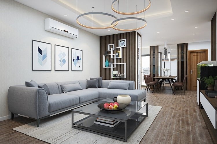 Phòng khách chung cư hiện đại với gam màu trung tính