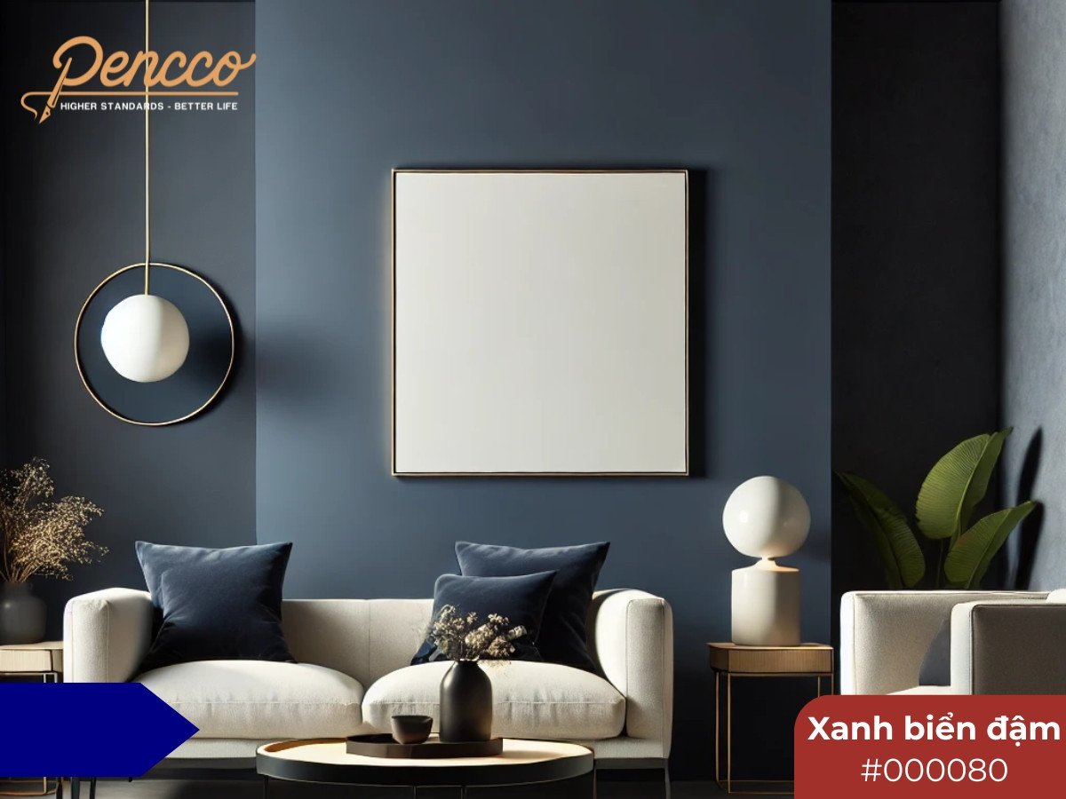 Phòng khách với tường accent màu xanh nước biển đậm, tạo không gian sang trọng và ấm cúng