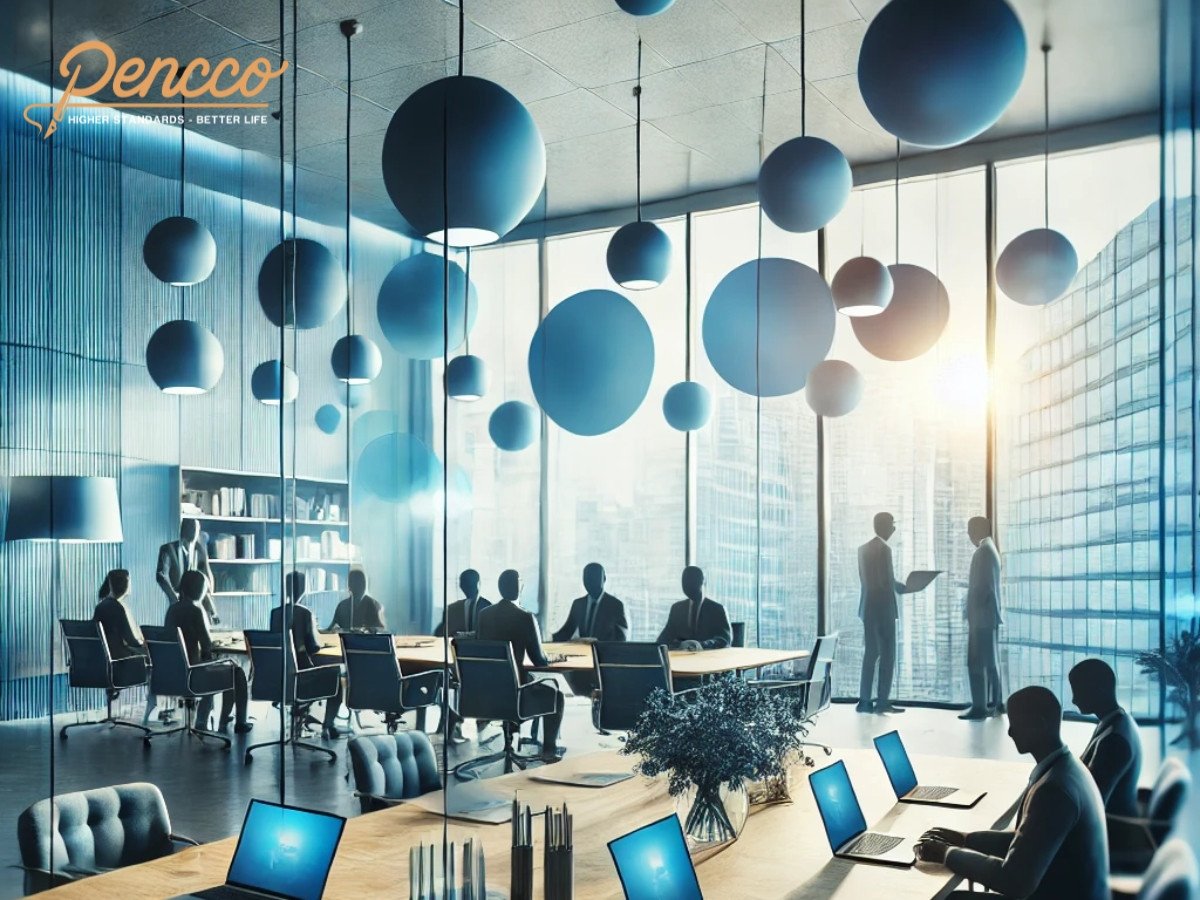 Phòng làm việc chuyên nghiệp gia định với tông màu xanh dương, thể hiện sự đáng tin cậy, chuyên nghiệp và tập trung, như trong các công ty lớn