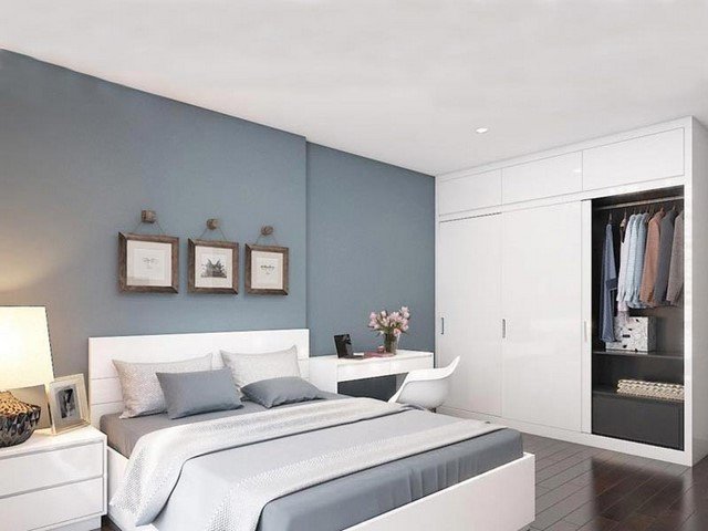 Phòng ngủ đơn giản với tông màu xám trắng, mang lại sự yên bình cho người tuổi Ất Mão