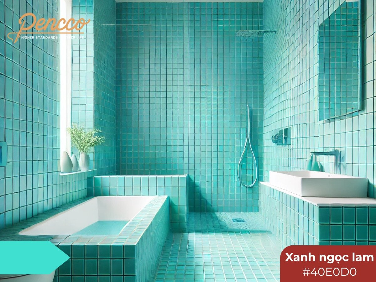 Phòng tắm hiện đại với gạch ốp màu xanh ngọc lam, mang lại sự tươi mát và hài hòa