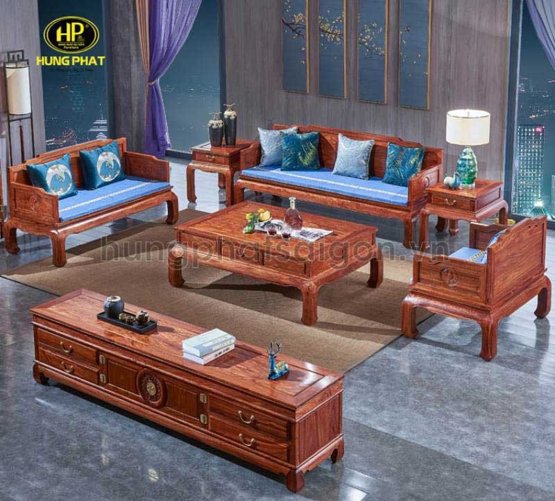 Sofa gỗ căm xe hiện đại với họa tiết chạm trổ