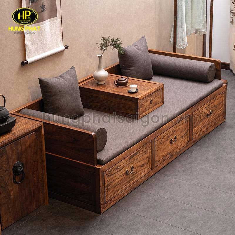 Sofa gỗ căm xe nguyên khối tích hợp hộc tủ