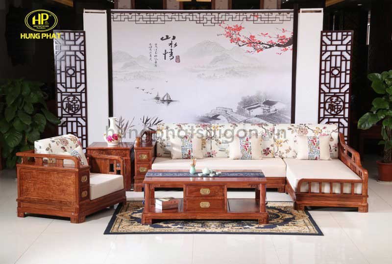 Sofa gỗ căm xe nổi bật với vân gỗ tự nhiên và nệm êm ái