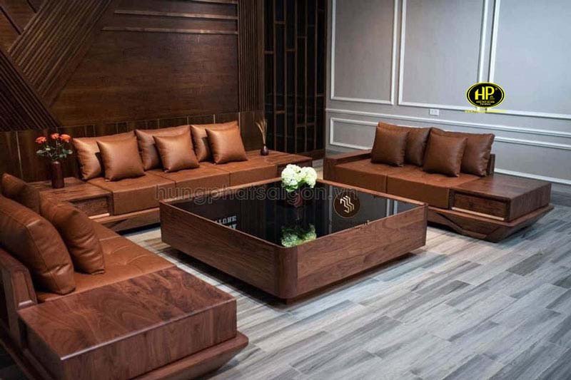 Sofa gỗ óc chó chữ L bọc da cao cấp kèm bàn trà phụ tiện lợi
