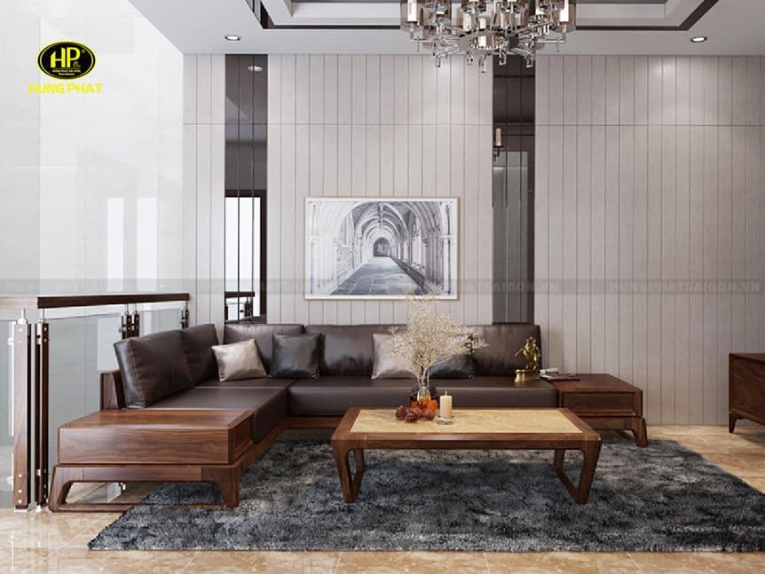 Sofa gỗ óc chó chữ L tận dụng không gian góc