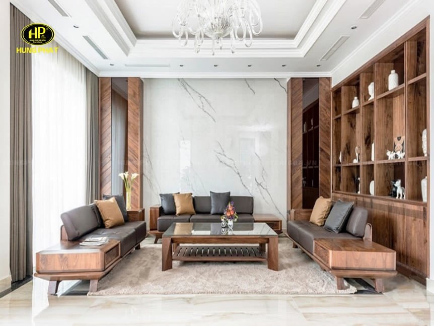 Sofa gỗ óc chó chữ U cho không gian rộng