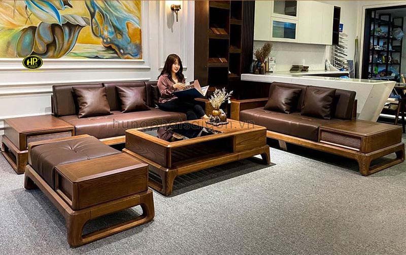Sofa gỗ sồi bọc da cao cấp HS-43