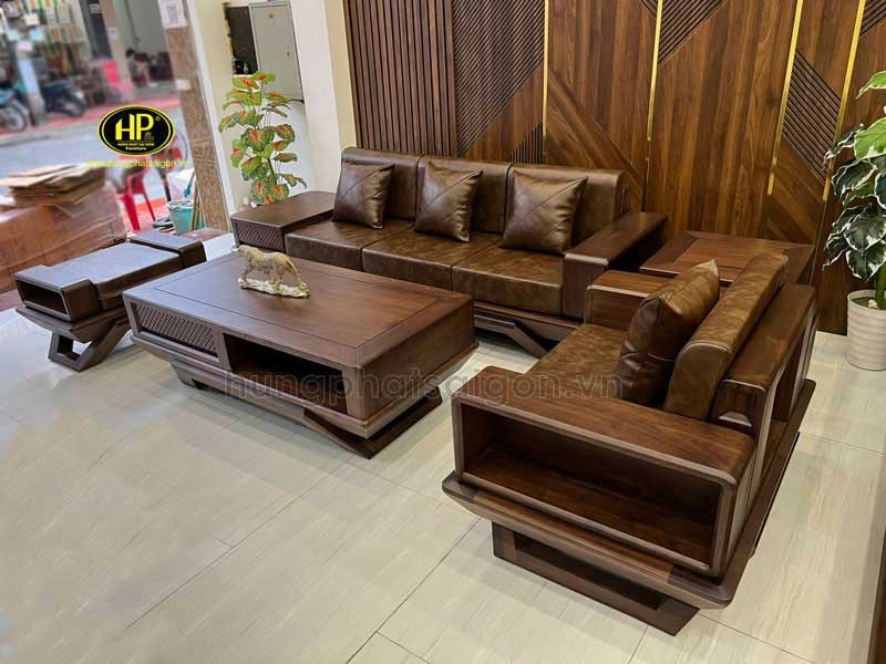 Sofa góc gỗ óc chó chữ L đẹp mắt trong nội thất hiện đại