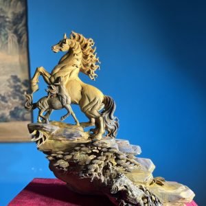 Tượng Song Mã Mẫu Tử Gỗ Bách Xanh Mộc Châu Cao 67cm