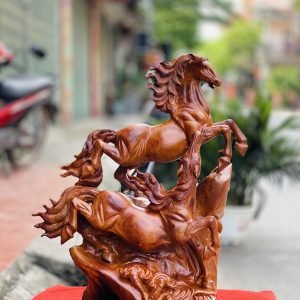 Tượng Song Mã Uyên Ương Gỗ Hương Ta Cao 71cm