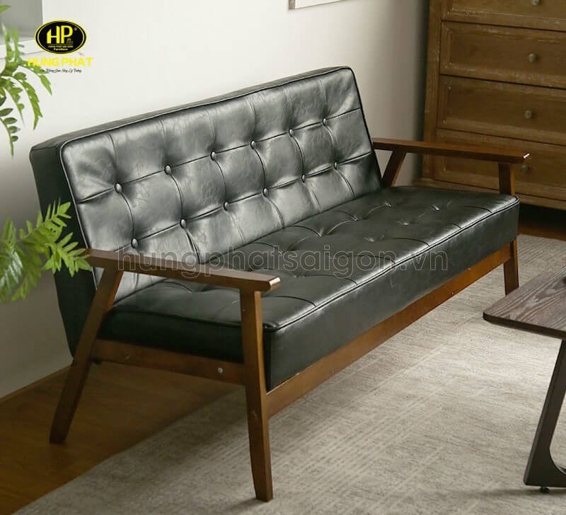 Sopha gỗ vintage đệm da cao cấp giật nút