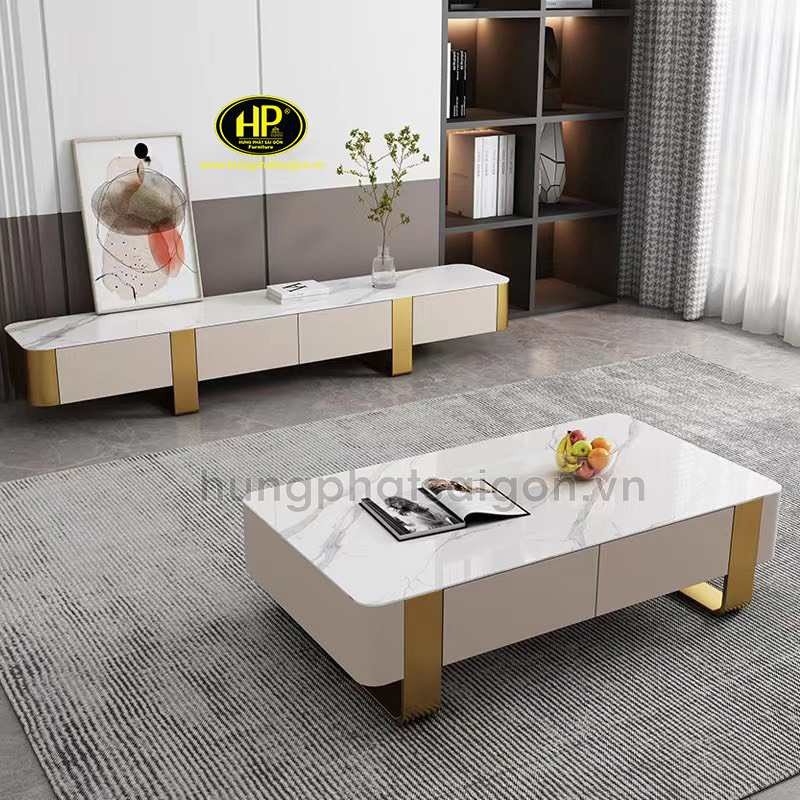 Thiết kế bàn trà gỗ công nghiệp mặt đá sang trọng