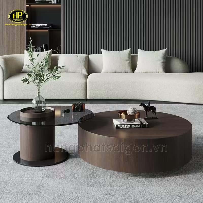 Thiết kế bàn trà tròn với mặt gỗ và chân kim loại, phù hợp không gian hiện đại