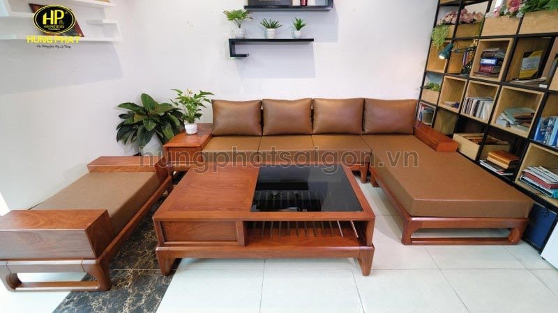 Thiết kế sofa gỗ hương vân góc L tối ưu không gian