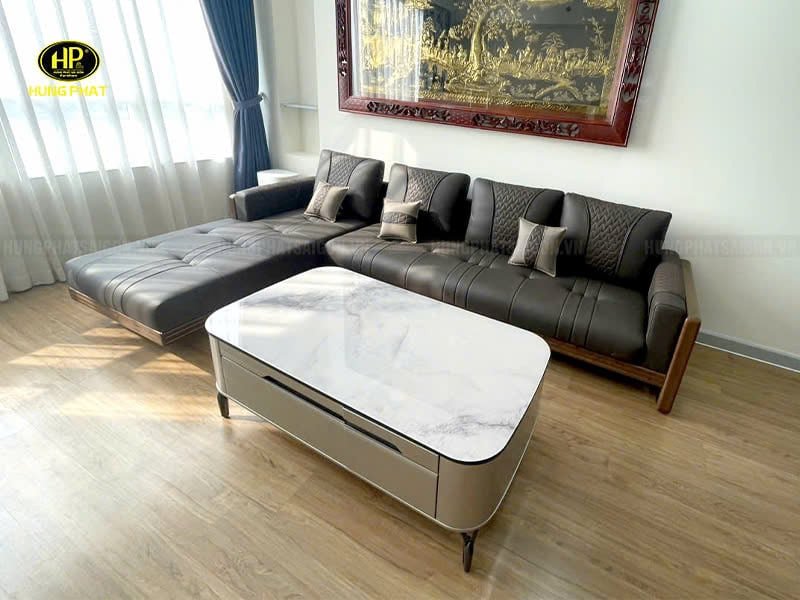 Tổng thể bộ sofa gỗ sồi cao cấp HS-883A bố trí trong không gian phòng khách