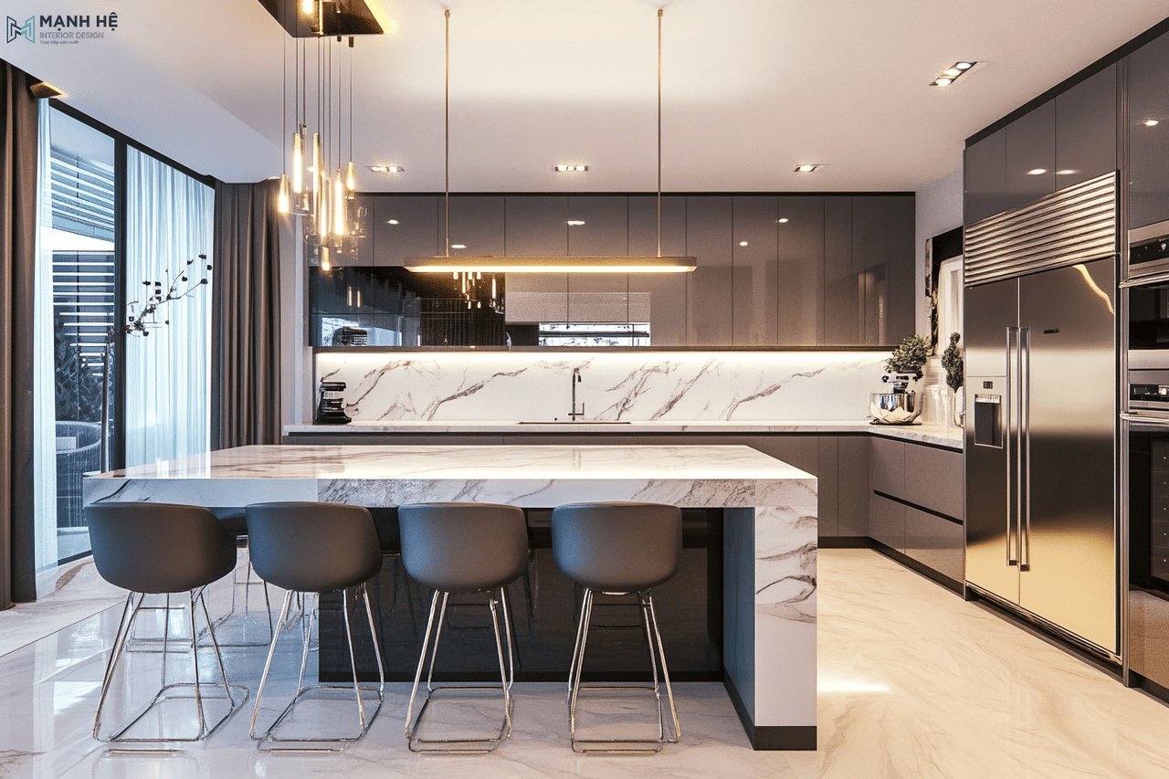 Không gian nhà bếp hiện đại với hệ tủ bếp làm từ gỗ công nghiệp phủ acrylic màu trắng tinh tế