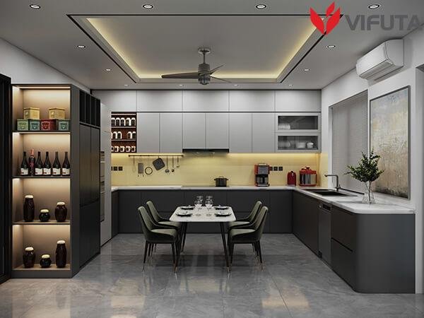 Mẫu tủ bếp hiện đại sử dụng vật liệu gỗ HMR chống ẩm cao cấp và bền đẹp