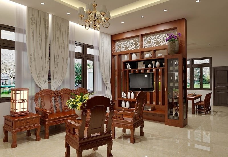 Tủ kết hợp vách ngăn phân chia khu vực chức năng trong phòng khách