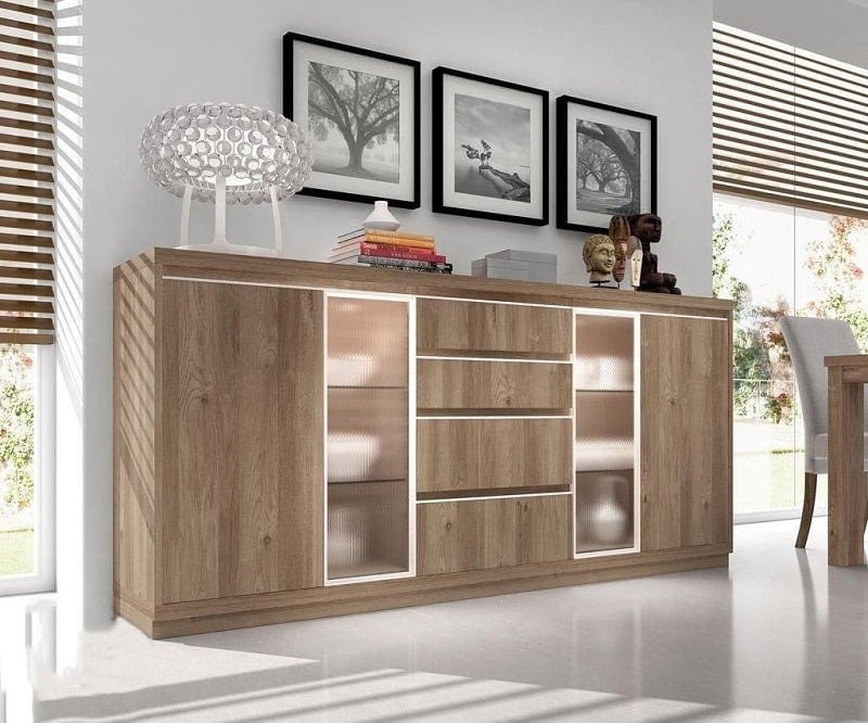 Tủ phòng khách làm từ gỗ công nghiệp với nhiều màu sắc