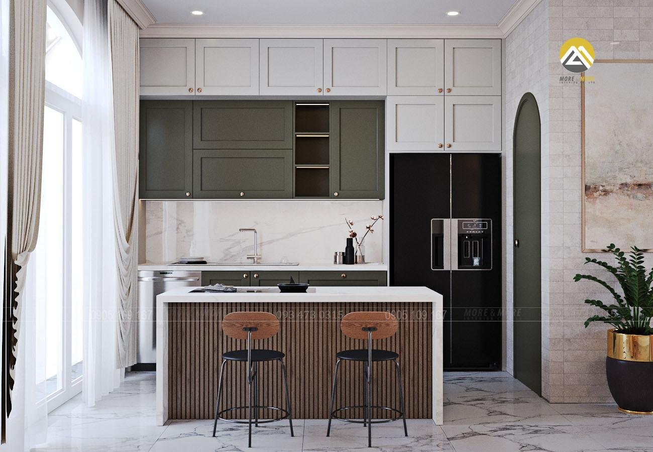 Tủ bếp hiện đại sử dụng vật liệu gỗ công nghiệp An Cường màu trắng kết hợp vân gỗ