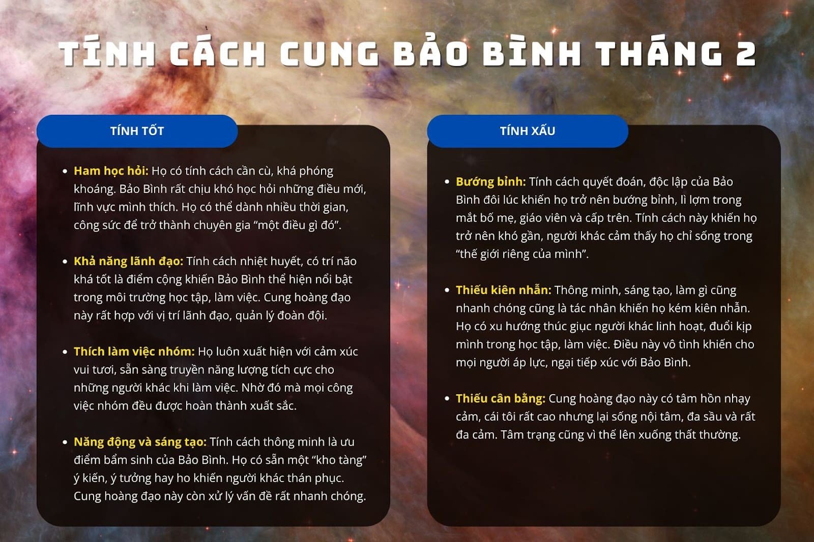 Ưu điểm và nhược điểm của cung Bảo Bình sinh tháng 2, với những yếu tố ảnh hưởng đến vận mệnh.
