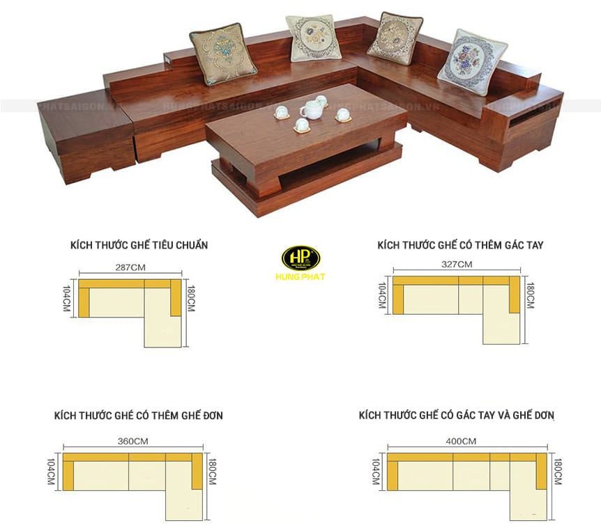 Ví dụ về kích thước ghế sofa gỗ nguyên khối chữ L phổ biến