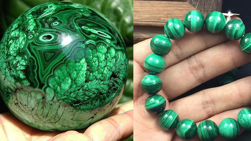 Viên đá lông công (malachit) với màu xanh lá đặc trưng, hợp mệnh Mộc và Hỏa